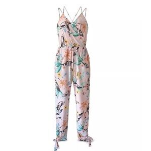Bcbgeneration Jumpsuit Floral Pink Size S tie ankle Criss‎ Cross Strappy Back
